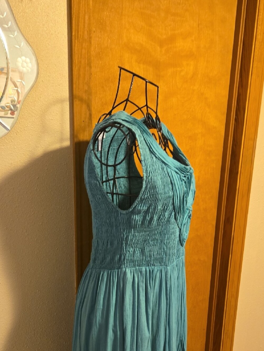 Soft Surroundings Delphine Crinkled Smock Teal Sleeveless Maxi Dress - Picture 4 of 9